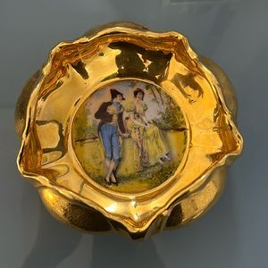 Vintage Osborne gilded courting couple candy dish 22k gold